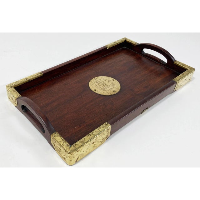 Early 20th Century Vintage Asian Motif Rosewood Tray With Brass Hardware For Sale - Image 5 of 10