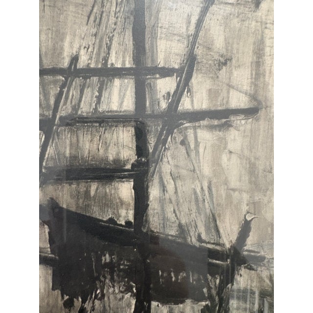Black 1960s Harbor Scene in Manner of Bernard Buffet Signed Print For Sale - Image 8 of 11