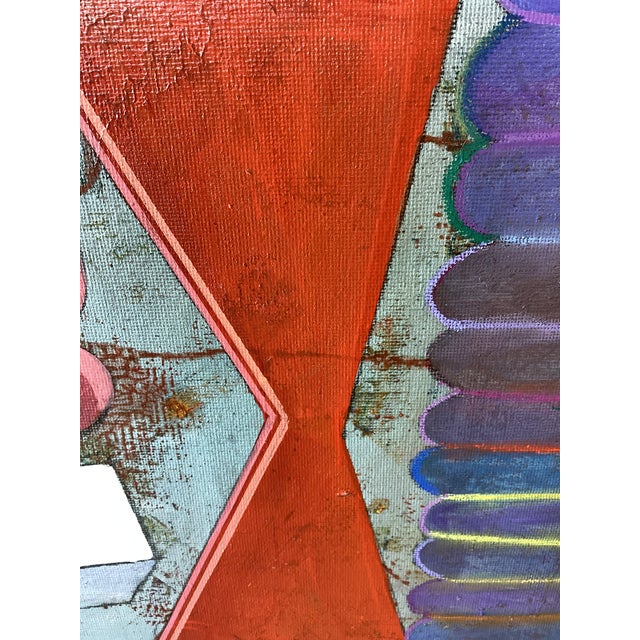 Textile Abstract Geometric Painting Orange Blue Mid Century Modern Wall Art 8x8 For Sale - Image 7 of 8