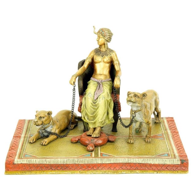 Orientalist Polychrome Bronze Pharaoh Sculpture with Lionesses For Sale - Image 3 of 13