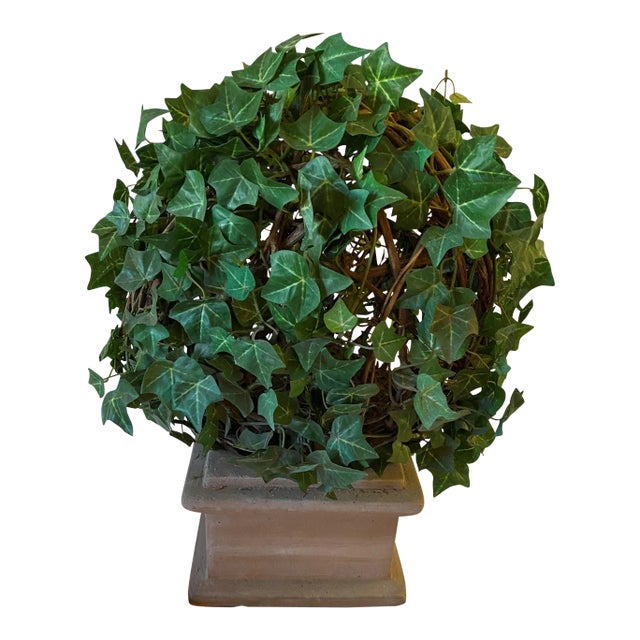 Vintage Earthenware Planter With Round Faux Plant For Sale