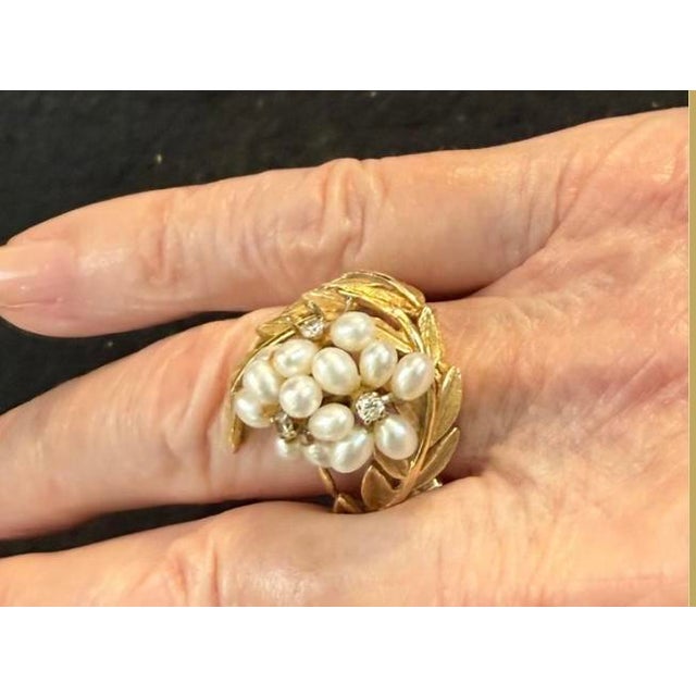 Metal 14k Yellow Gold Mid-Century Seed Pearl Cocktail Ring For Sale - Image 7 of 7