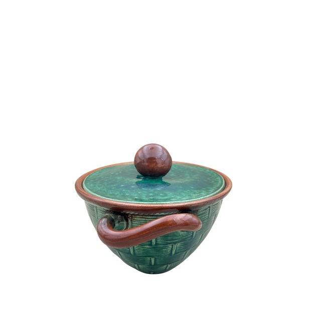 Art Deco 1930s Tellurite Green Mushroom Majolica Lidded Casserole Dish With Basket Weave For Sale - Image 3 of 14