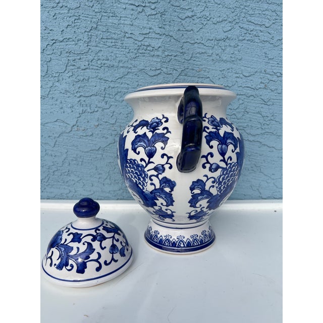 Modern Blue & White Floral Double Handle Ginger Jar For Sale - Image 3 of 5