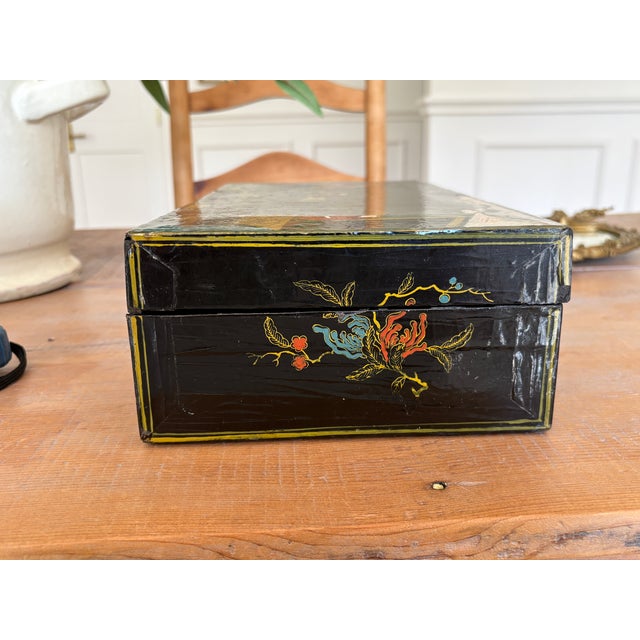 Antique Chinese Export Black Lacquer Chinoiserie Box, Hand-Painted Figures & Cranes For Sale - Image 4 of 5