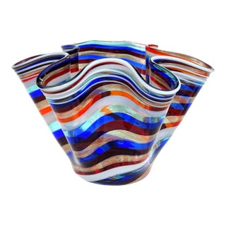Vintage Murano Rainbow Swirl Aventurine Flecks Ribbons Italian Art Glass Decorative Fazzoletto Vase For Sale