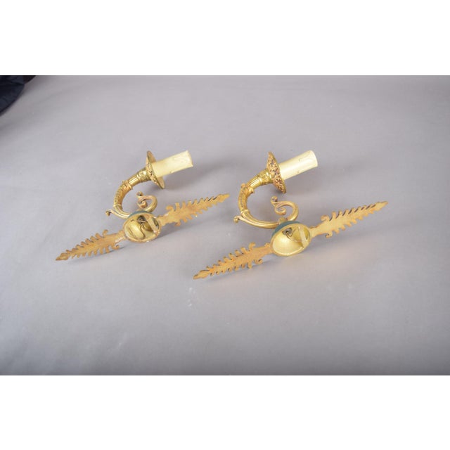 Metal Gilded Brass Scroll-Arm Wall Sconces with Teal Details, 1950s, Set of 2 For Sale - Image 7 of 12