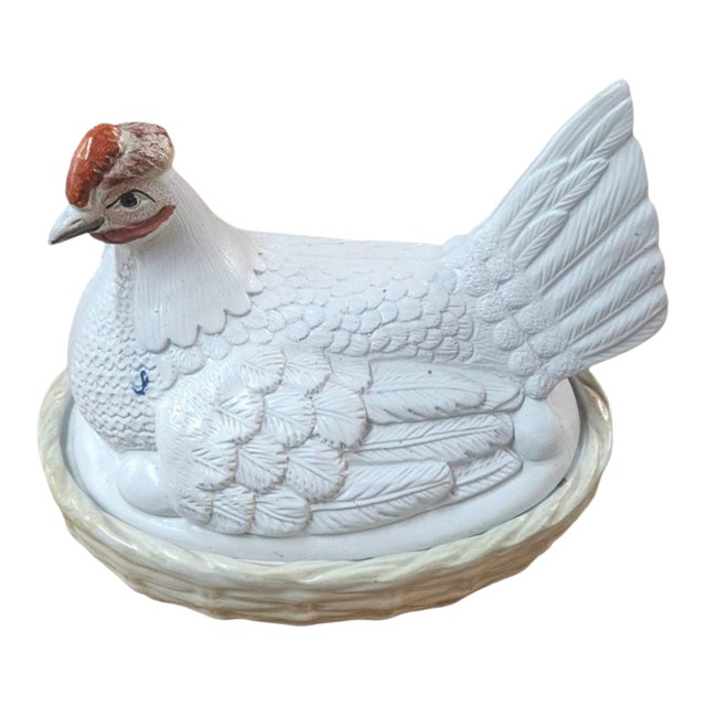 19th Century Staffordshire Bisque Hen on a Basketweave Nest From England For Sale