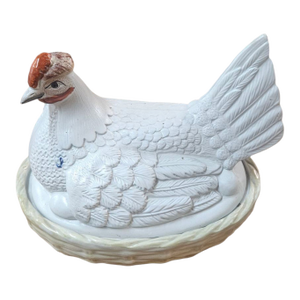 19th Century Staffordshire Bisque Hen on a Basketweave Nest From England