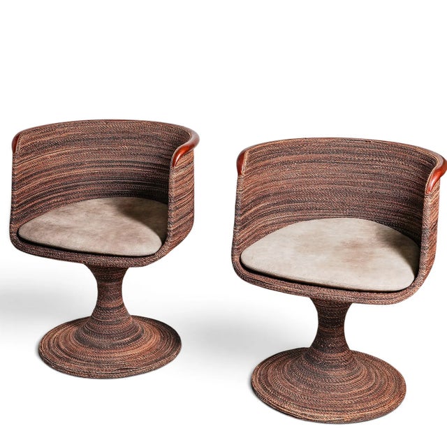 Rare Pair of 1960s Rattan Swivel Armchairs, Wood Top For Sale In West Palm - Image 6 of 6