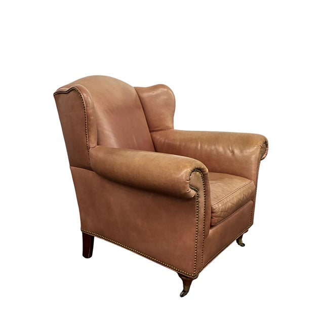Vintage Baker Milling Road Leather Wingback Chair & Ottoman With Nailheads and Casters For Sale In Charlotte - Image 6 of 12