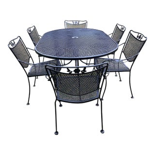 Vintage Wrought Iron Woodard Patio Set Large Table, 6 Chairs & Stand, Attributed For Sale