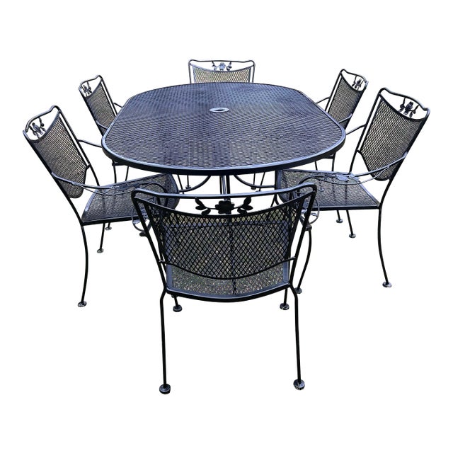 Vintage Wrought Iron Woodard Patio Set Large Table, 6 Chairs & Stand, Attributed For Sale