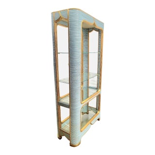 Vintage Custom Painted Baby Blue Gold Arched Pencil Reed Glass Shelving Unit Etagere For Sale
