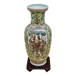 Vtg. Figural Raised Painted Chinese Vase W/Rosewood Stand
