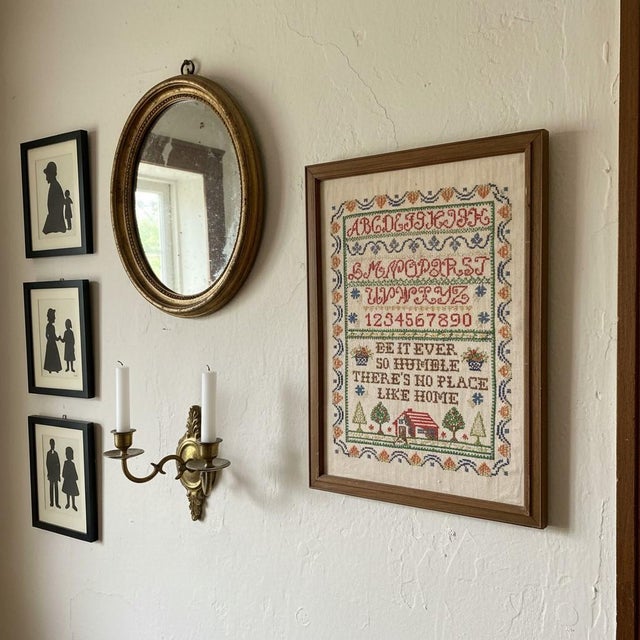 Farmhouse Vintage Framed Cross Stitch Sampler-Primitive-Folk Art-Needlework-Alphabet-Farm For Sale - Image 3 of 11