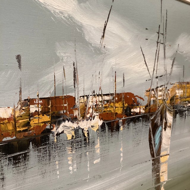 Blue Mid 20th Century Original Oil Painting "Harbor Morning" Signed by Artist Italy, Framed For Sale - Image 8 of 12