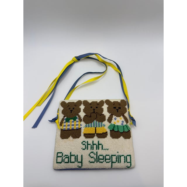 Traditional Handmade Needlepoint “Shhh… Baby Sleeping” Teddy Bear Door Sign For Sale - Image 3 of 4