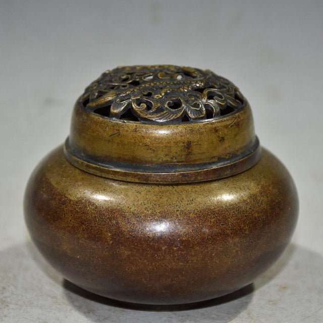 Vintage Bronze Incense Burner With Pierced Dragon Lid - Asian Censer For Sale - Image 4 of 9