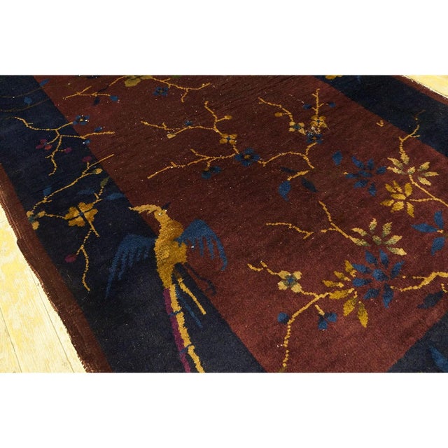 Textile 1920s Purple Bold Tree Bird of Paradise Pattern Small Antique Chinese Deco Rug For Sale - Image 7 of 7