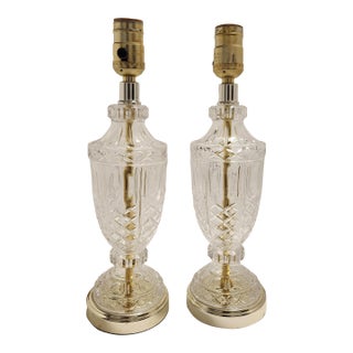 Mid 20th Century Hollywood Regency Small Cut Crystal Glass & Brass Buffet Lamps - A Pair For Sale