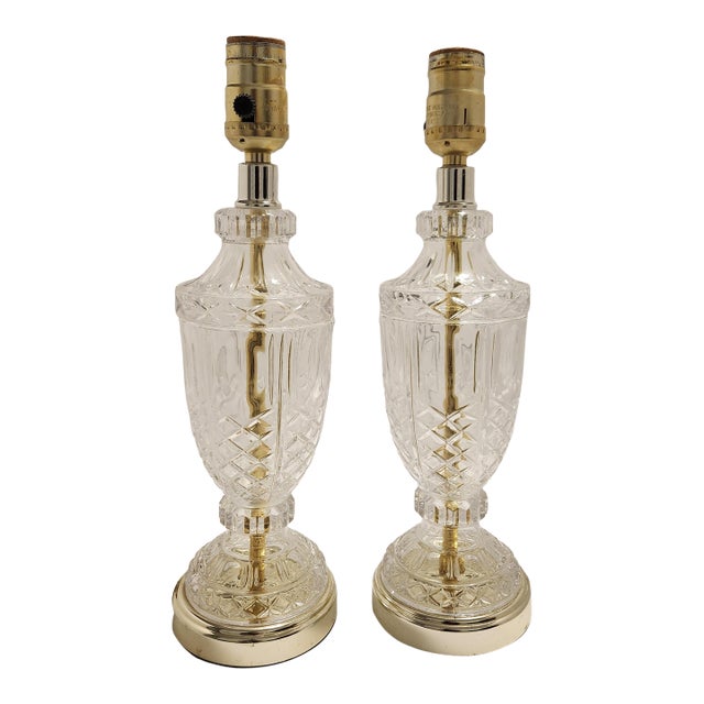 Mid 20th Century Hollywood Regency Small Cut Crystal Glass & Brass Buffet Lamps - A Pair For Sale