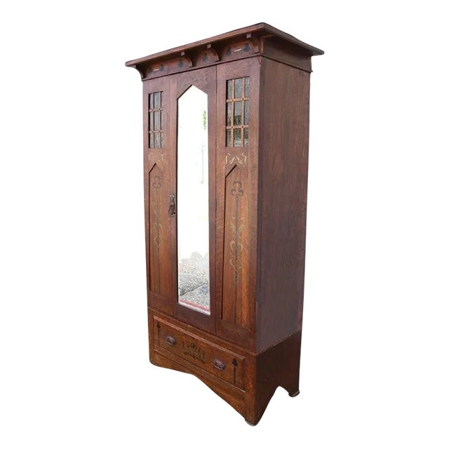 Early 20th Century Arts and Crafts Mission Oak Armoire For Sale