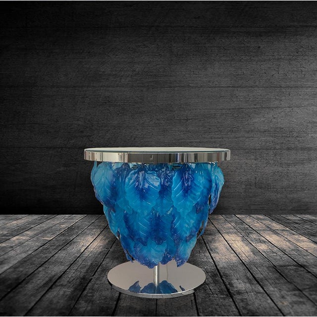 Italian Italian Delicatezza Chrome Blue Murano Glass Leaves Table by Fabio LTD For Sale - Image 3 of 4
