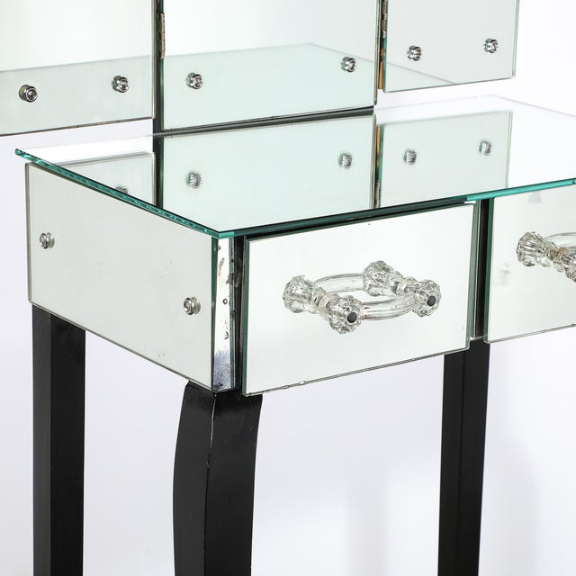 Art Deco Hollywood Mirrored Trifold Ebonized Cabriole Leg Vanity W/ Glass Pulls For Sale - Image 18 of 18
