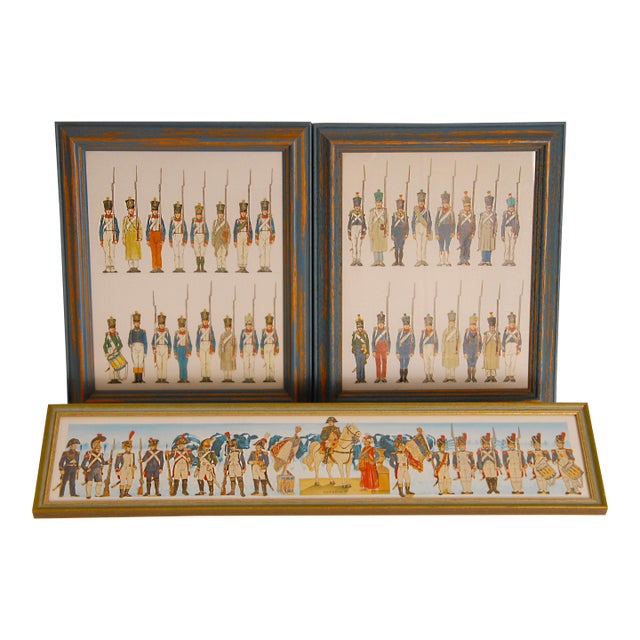 Vintage Napoleonic Military Costume Lithographs Collage Framed French Wall Art Set of 3 For Sale
