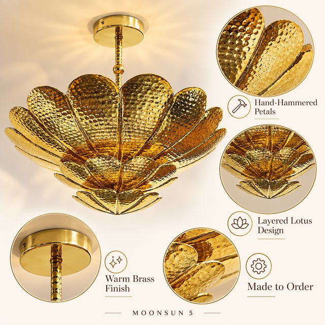 Handmade Brass Flower Ceiling Light, 3 Tier Hammered Floral Chandelier, Art Deco Lotus Semi Flush Mount, Luxury Brass Ceiling Fixture 28 Inches For Sale - Image 4 of 15