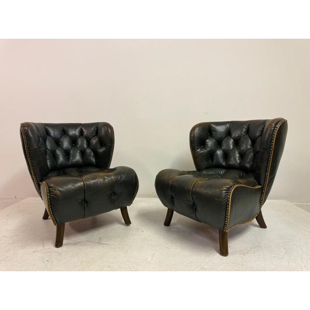 Wood Danish Lounge Slipper Chairs in Green Patinated Leather, 1940s, Set of 2 For Sale - Image 7 of 18
