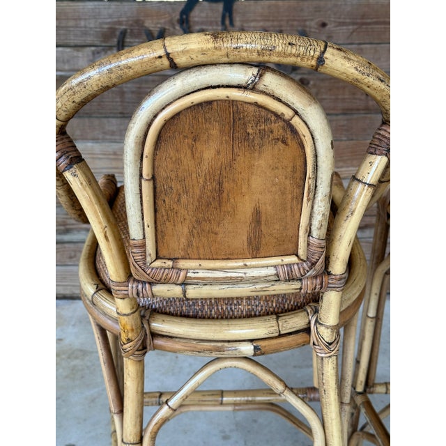 Late 20th Century Coastal Rattan With Rattan Weave Seats Barstools-Set of Three For Sale In Naples, FL - Image 6 of 10