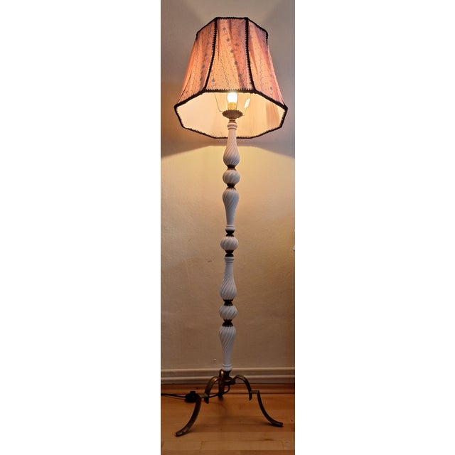 1950s Mid-Century Brass Floor Lamp with White Opaque Glass Inserts and Handmade, 1950s For Sale - Image 5 of 9