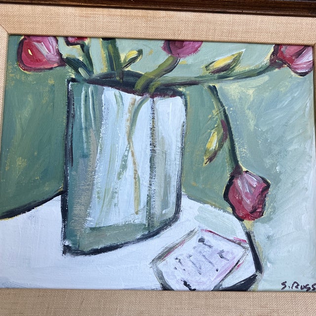 Contemporary original modernist still life painting by Stewart Ross on canvas. Signed and framed. Measures 10x8 or...