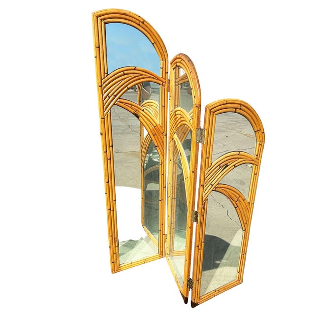 Wood 1950s Restored 3-Panel Art Deco Palm Frond Design Rattan Mirror Folding Screen For Sale - Image 7 of 8