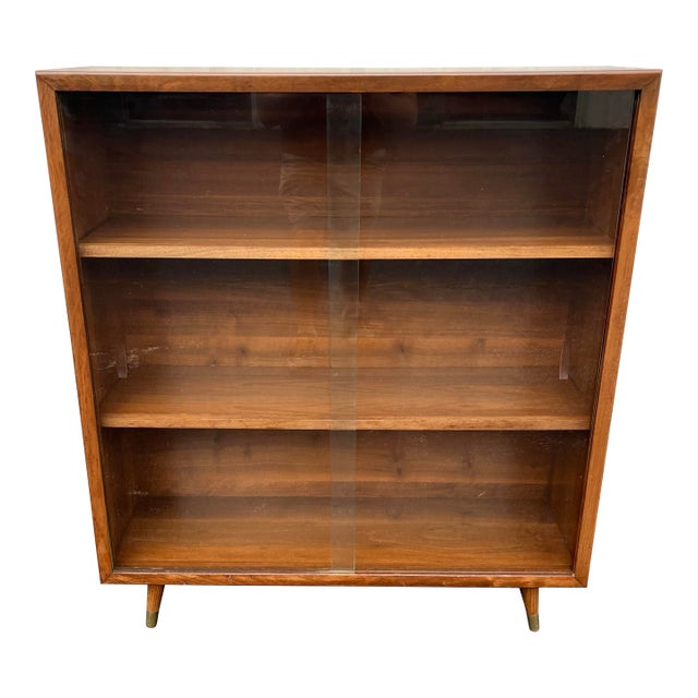 Mid Century Modern Walnut Bookcase With Sliding Glass Doors For Sale