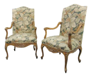 Louis XV Faux Painted Carved High Back Arm Chairs - a Pair