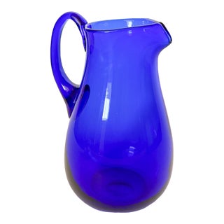 Vibrant Cobalt Blue Artisan Hand Blown Glass Drink Pitcher For Sale