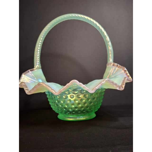 Vintage Fenton Green Opalescent Carnival Hobnail Glass Basket Ruffled Iridescent 10" For Sale - Image 9 of 16