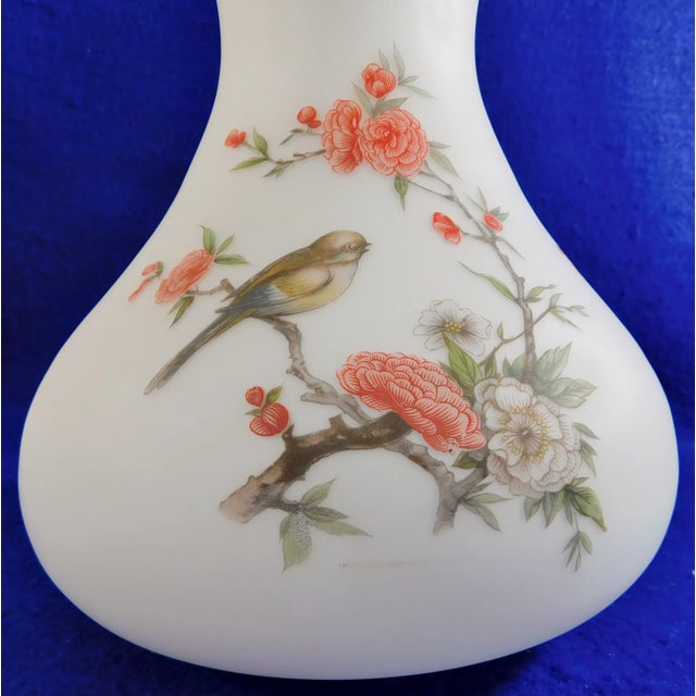 White Large Vintage Pink & White Satin Glass Birds & Flowers Gold Trim Flower Vase For Sale - Image 8 of 10
