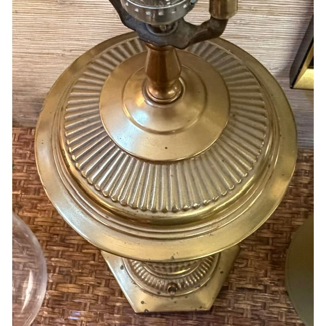 Mid Century Brass Urn Lamps With Green Shades For Sale - Image 9 of 9