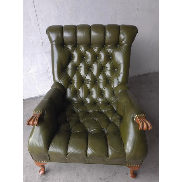 Animal Skin Vintage Green Tufted Leather Sleepy Hollow Chair and Ottoman For Sale - Image 7 of 12