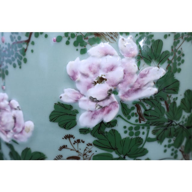 Celadon Beautiful Japanese Celadon Garden Stool With Tree Branches, Flowers & Bird For Sale - Image 8 of 11