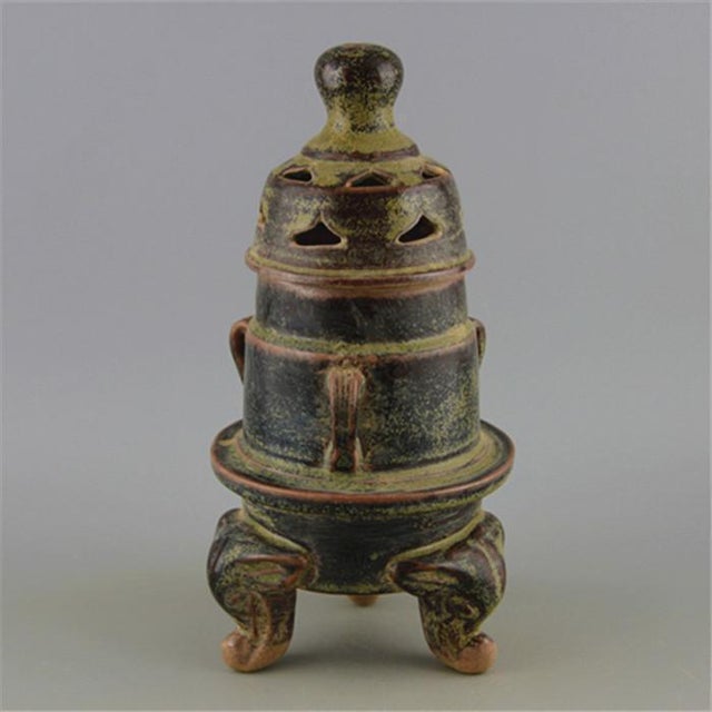 Early 21st Century Vintage Chinese Dark Tea Dust Glaze Tripod Censer, Pierced Lid Two-Tier Ceramic Incense Burner For Sale - Image 5 of 5
