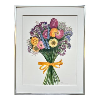 Original Watercolor Painting “Strawflower Bouquet” Framed For Sale