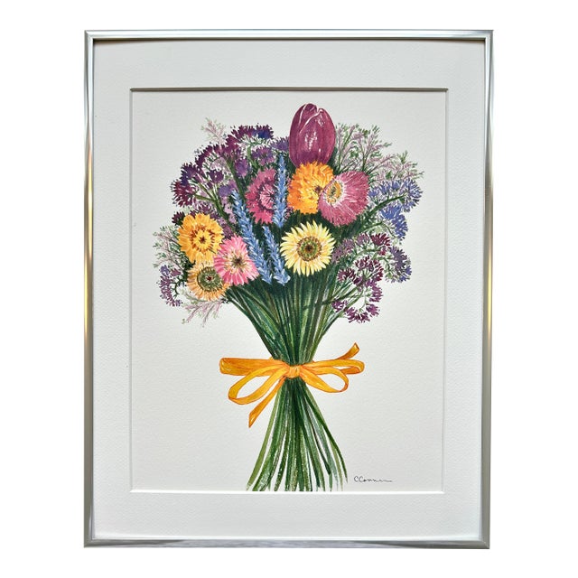 Original Watercolor Painting “Strawflower Bouquet” Framed For Sale