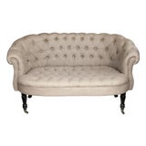 Vintage English Style Tufted Loveseat in Linen For Sale