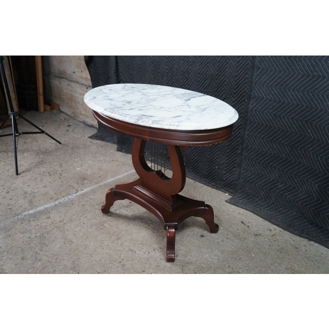 Wood 1970s 2 Victorian Revival Cherry Marble Top Lyre Harp Hall Entry Parlor Console Tables For Sale - Image 7 of 13