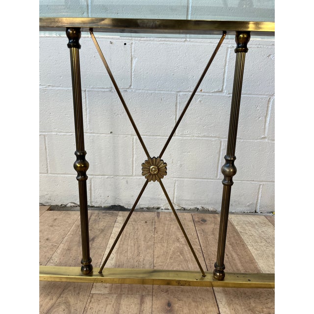 Bronze Vintage Hollywood Regency Brass and Glass Console Table With Bronze Supports For Sale - Image 8 of 10
